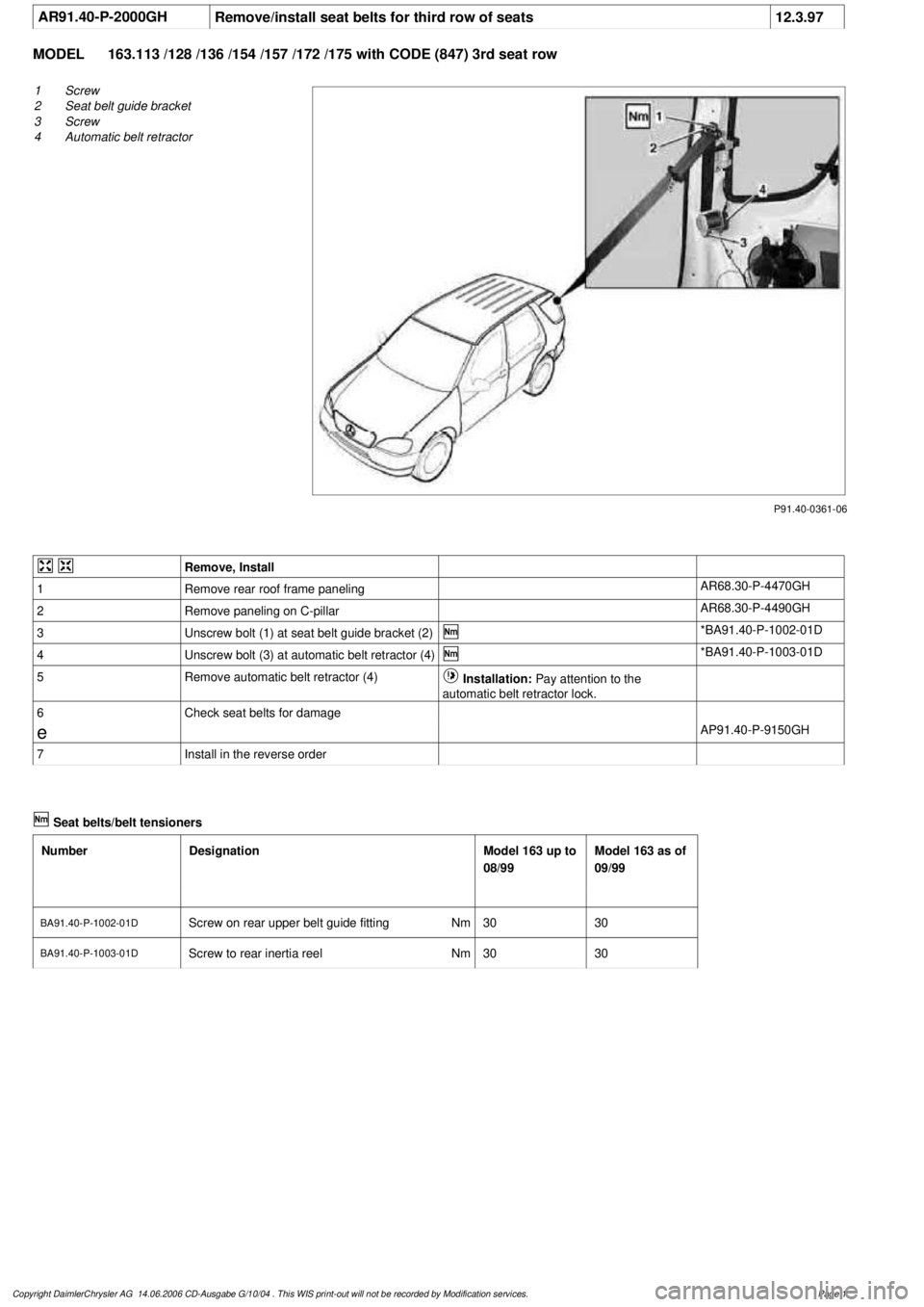 MERCEDES-BENZ ML430 1997 Complete Repair Manual
AR91.40-P-2000GHRemove/install seat belts for third row of seats
12.3.97
MODEL
163.113 /128 /136 /154 /157 /172 /175 with CODE (847) 3rd seat row
P91.40-0361-06
1
Screw
2
Seat belt guide brack MERCEDES-BENZ ML430 1997 Complete Repair Manual
AR91.40-P-2000GHRemove/install seat belts for third row of seats
12.3.97
MODEL
163.113 /128 /136 /154 /157 /172 /175 with CODE (847) 3rd seat row
P91.40-0361-06
1
Screw
2
Seat belt guide brack