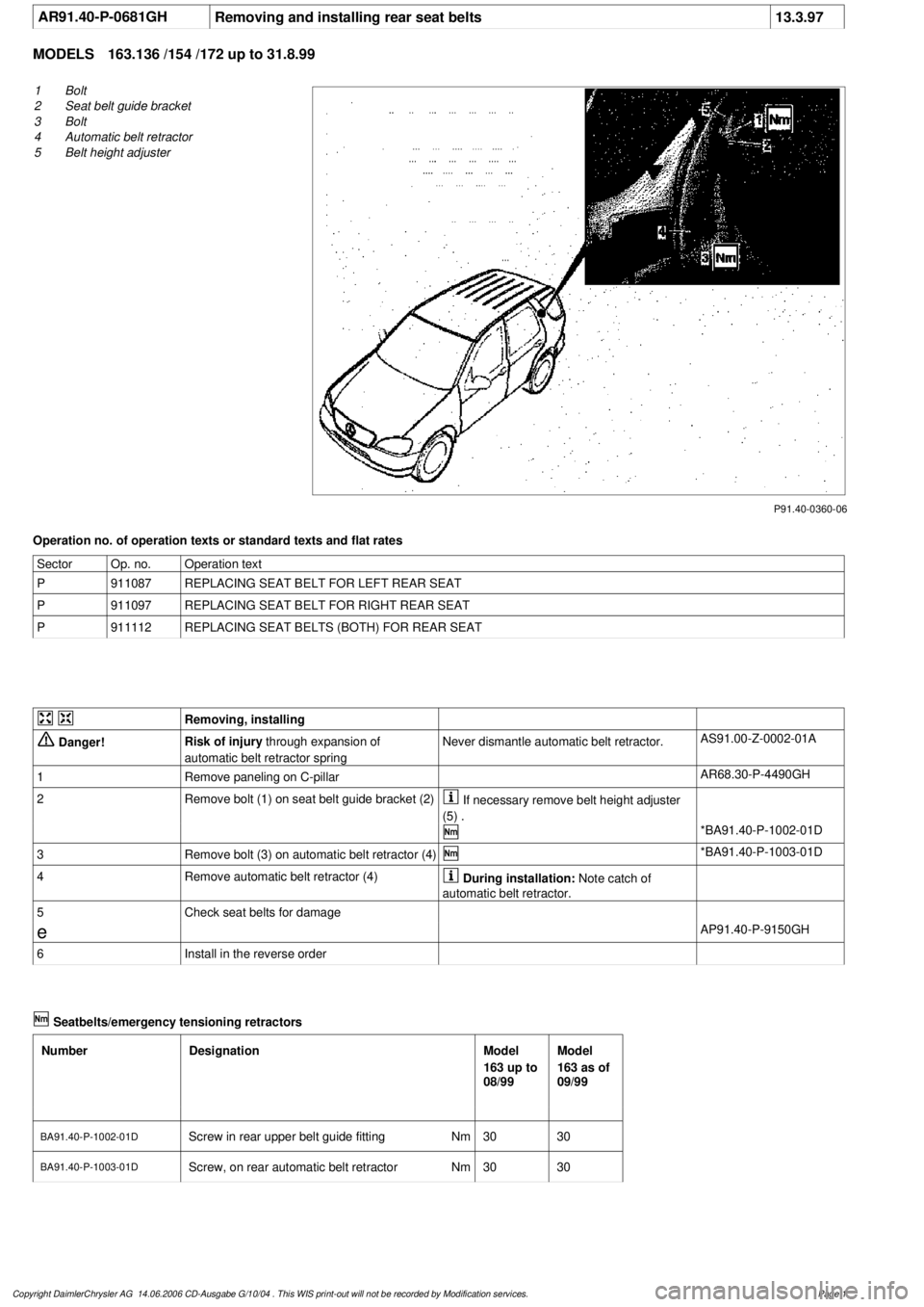 MERCEDES-BENZ ML430 1997 Complete Repair Manual
AR91.40-P-0681GH
Removing and installing rear seat belts
13.3.97
MODELS
163.136 /154 /172 up to 31.8.99
P91.40-0360-06
1
Bolt
2
Seat belt guide bracket
3
Bolt
4
Automatic belt retractor
5 MERCEDES-BENZ ML430 1997 Complete Repair Manual
AR91.40-P-0681GH
Removing and installing rear seat belts
13.3.97
MODELS
163.136 /154 /172 up to 31.8.99
P91.40-0360-06
1
Bolt
2
Seat belt guide bracket
3
Bolt
4
Automatic belt retractor
5