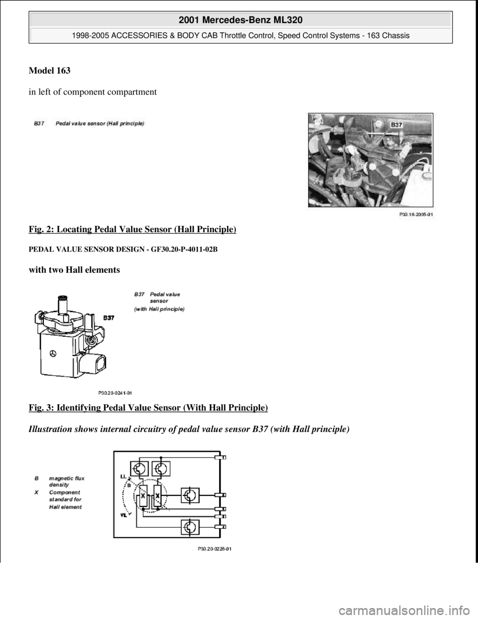 MERCEDES-BENZ ML430 1997  Complete Repair Manual Model 163    
in left of component compartment  
Fig. 2: Locating Pedal Valu  e Sensor (Hall Principle)
 
PEDAL VALUE SENSOR DE SIGN - GF30.20-P-4011-02B 
with two Hall elements    
Fig. 3: Identifyin
