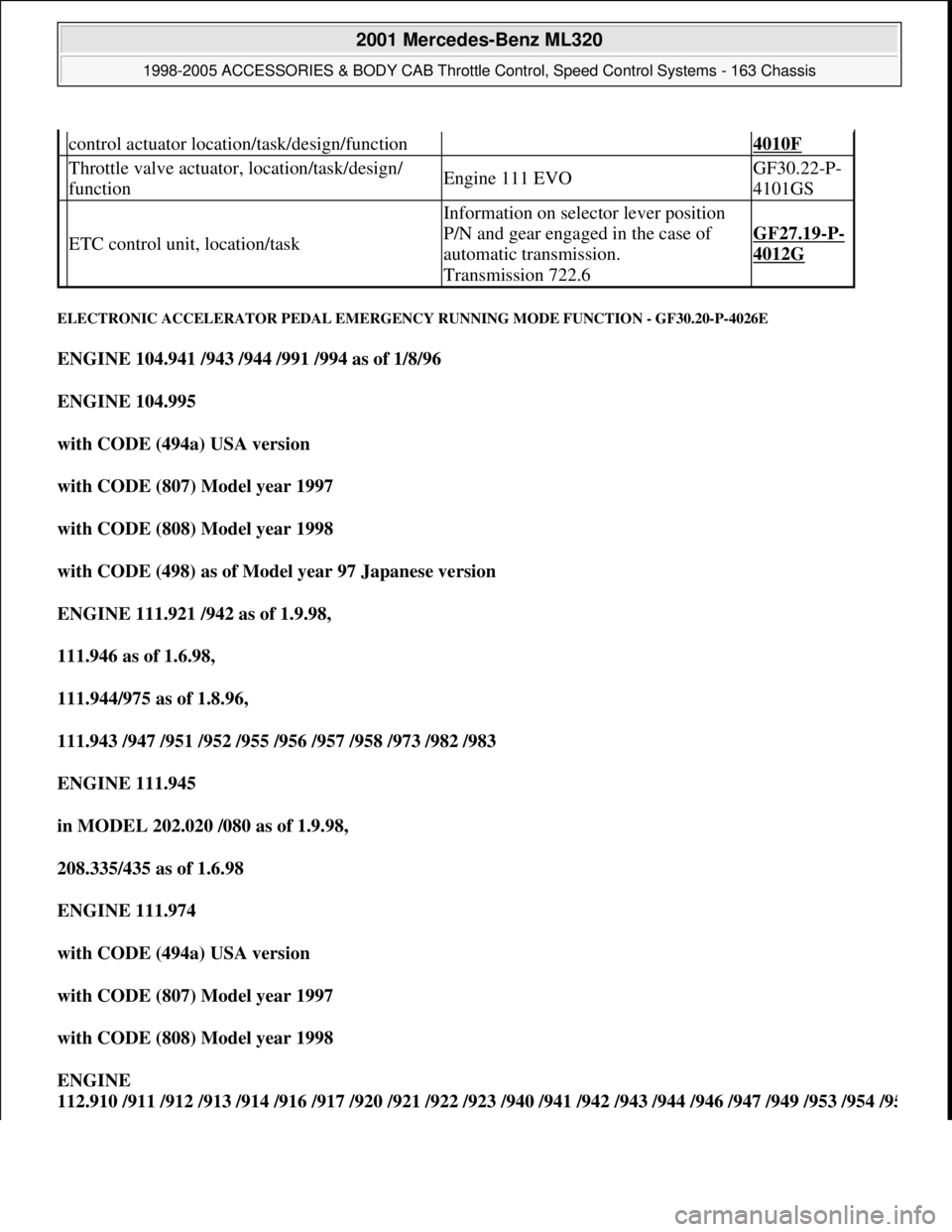 MERCEDES-BENZ ML430 1997 Complete Repair Manual ELECTRONIC ACCELERATOR PEDAL EMERGENCY RUNNING MODE FUNCTION - GF30.20-P-4026E
ENGINE 104.941 /943 /944 /991 /994 as of 1/8/96
ENGINE 104.995
with CODE (494a) USA version
with CODE (807) Model MERCEDES-BENZ ML430 1997 Complete Repair Manual ELECTRONIC ACCELERATOR PEDAL EMERGENCY RUNNING MODE FUNCTION - GF30.20-P-4026E
ENGINE 104.941 /943 /944 /991 /994 as of 1/8/96
ENGINE 104.995
with CODE (494a) USA version
with CODE (807) Model