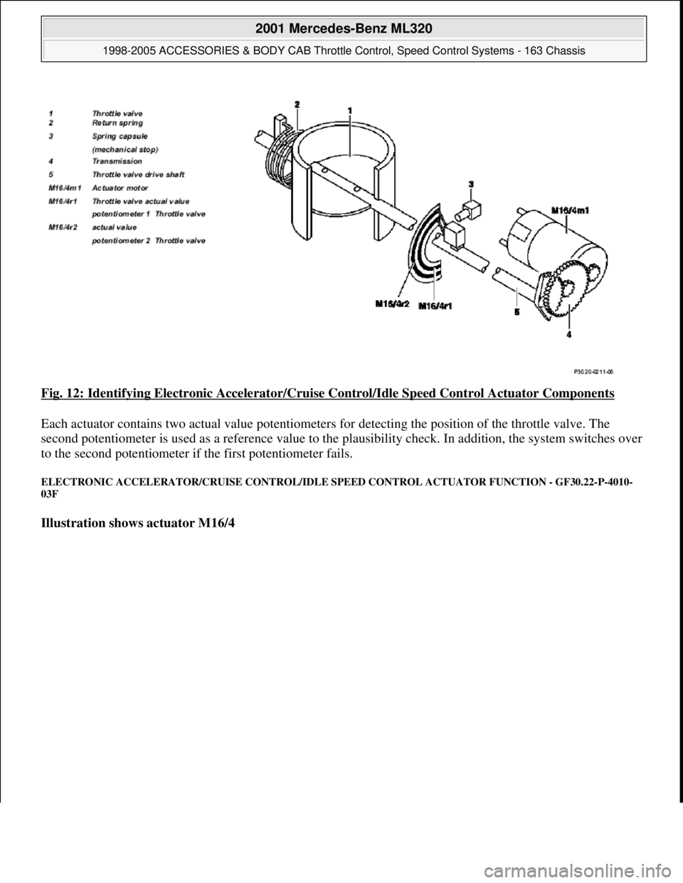 MERCEDES-BENZ ML430 1997 Complete Repair Manual Fig. 12: Identifying Electronic Accelerator/Cruise Control/Idle Speed Control Actuator Components
Each actuator contains two actual value potentiometers for detecting the position of the throttle val MERCEDES-BENZ ML430 1997 Complete Repair Manual Fig. 12: Identifying Electronic Accelerator/Cruise Control/Idle Speed Control Actuator Components
Each actuator contains two actual value potentiometers for detecting the position of the throttle val