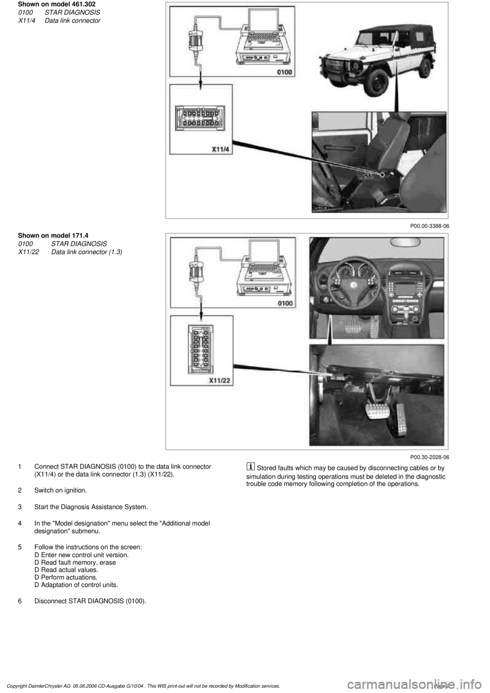 MERCEDES-BENZ ML430 1997  Complete Repair Manual 
 P00.00-3388-06

Shown on model 461.302
0100
 STAR DIAGNOSIS

X11/4
 Data link connector

P00.30-2028-06

Shown on model 171.4

0100
 STAR DIAGNOSIS

X11/22
 Data link connector (1.3)

1
 Connect STA