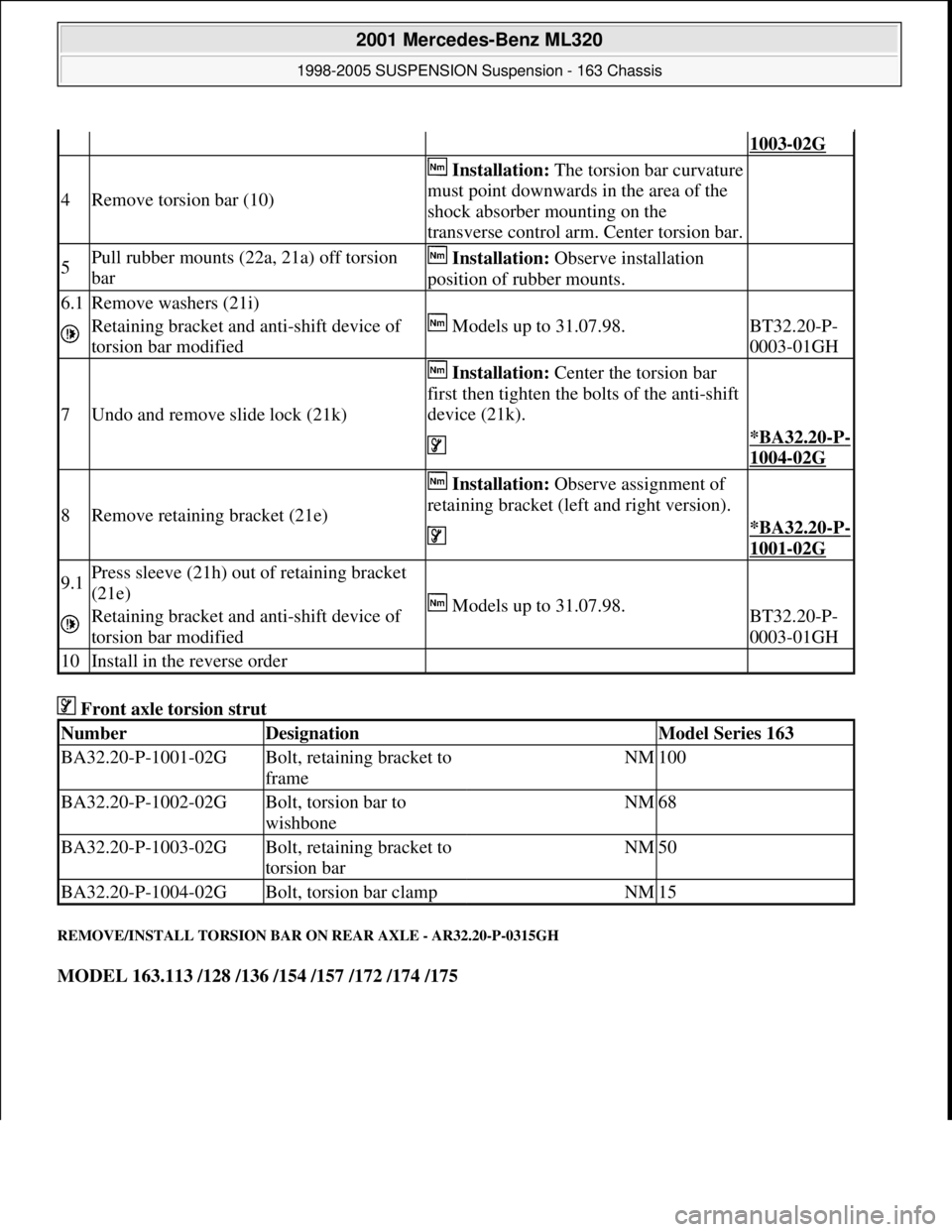 MERCEDES-BENZ ML430 1997 Complete Repair Manual Front axle torsion strut
REMOVE/INSTALL TORSION BAR ON REAR AXLE - AR32.20-P-0315GH
MODEL 163.113 /128 /136 /154 /157 /172 /174 /175
1003-02G
4Remove torsion bar (10)
Installation:The torsion bar MERCEDES-BENZ ML430 1997 Complete Repair Manual Front axle torsion strut
REMOVE/INSTALL TORSION BAR ON REAR AXLE - AR32.20-P-0315GH
MODEL 163.113 /128 /136 /154 /157 /172 /174 /175
1003-02G
4Remove torsion bar (10)
Installation:The torsion bar