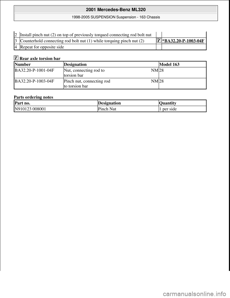 MERCEDES-BENZ ML430 1997  Complete Repair Manual  Rear axle torsion bar 
Parts ordering notes 
2Install pinch nut (2) on top of previously torqued connecting rod bolt nut  
3Counterhold connecting rod bolt nut (1) while torquing pinch nut (2)*BA32.2