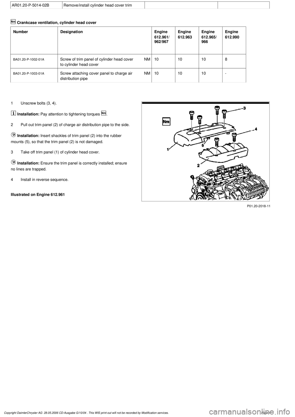 MERCEDES-BENZ ML430 1997  Complete Repair Manual 
 AR01.20-P-5014-02B
Remove/install cylinder head cover trim
 Crankcase ventilation, cylinder head cover

Number

Designation
Engine 

612.961/

962/967
Engine 

612.963
Engine 

612.965/

966
Engine 