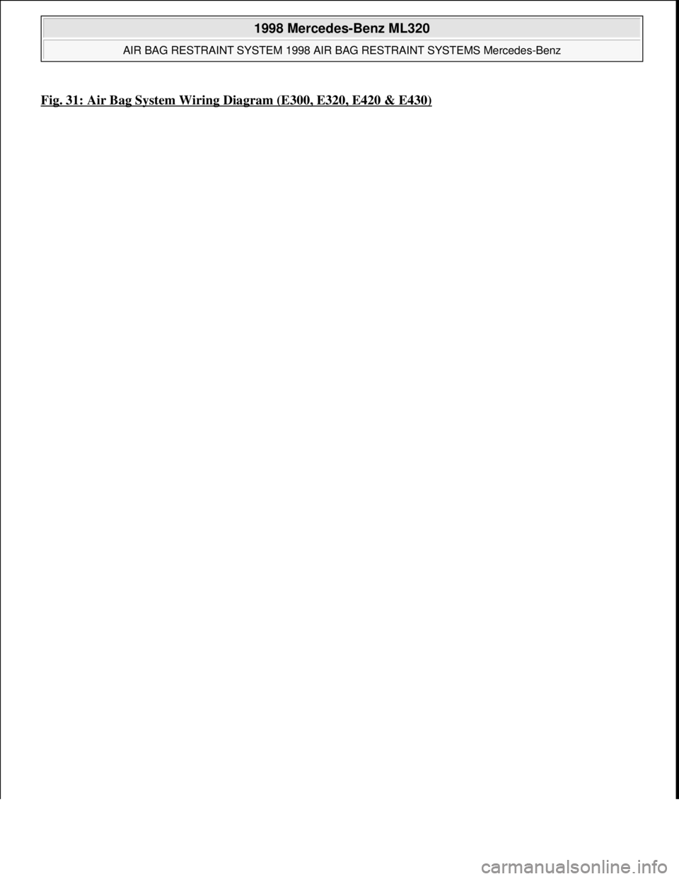 MERCEDES-BENZ ML430 1997  Complete Service Manual Fig. 31: Air Bag System Wiring Diagram (E300, E320, E420 & E430)
 
1998 Mercedes-Benz ML320 
AIR BAG RESTRAINT SYSTEM 1998 AIR BAG RESTRAINT SYSTEMS Mercedes-Benz  
me  
Saturday, October 02, 2010 3:3