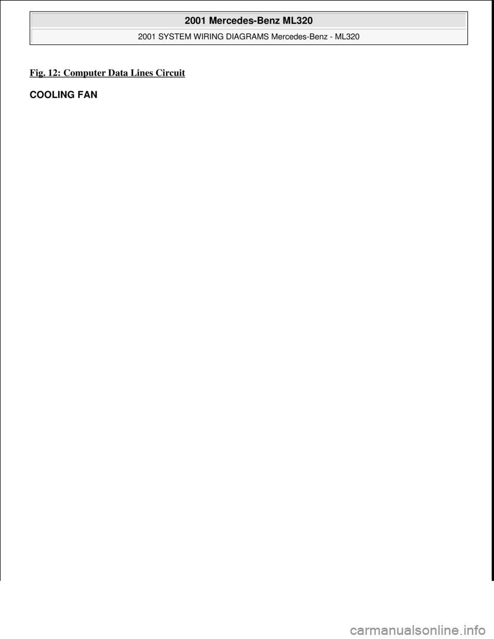 MERCEDES-BENZ ML430 1997  Complete Repair Manual Fig. 12: Computer Data Lines Circuit 
COOLING FAN 
 
2001 Mercedes-Benz ML320 
2001 SYSTEM WIRING DIAGRAMS Mercedes-Benz - ML320  
me  
Saturday, October 02, 2010 3:27:59 PMPage 25 © 2006 Mitchell Re