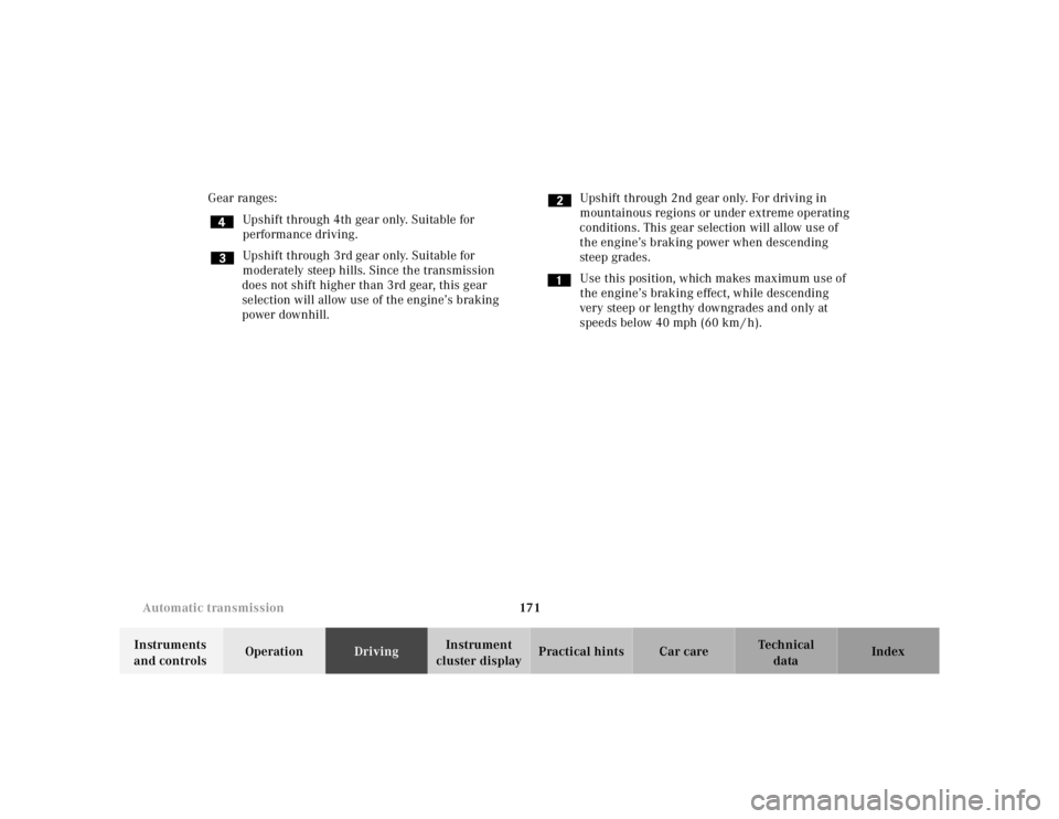 MERCEDES-BENZ ML430 1997 Complete Repair Manual 171
Automatic transmission
Te ch n ica l
data
Instruments
and controls Operation
Driving Instrument
cluster display Practical hints Car care Index
Gear ranges:
Upshift through 4th gear onl MERCEDES-BENZ ML430 1997 Complete Repair Manual 171
Automatic transmission
Te ch n ica l
data
Instruments
and controls Operation
Driving Instrument
cluster display Practical hints Car care Index
Gear ranges:
Upshift through 4th gear onl