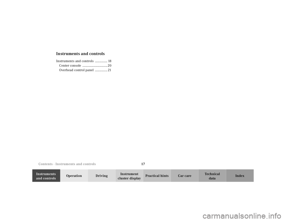 MERCEDES-BENZ ML430 1997  Complete Repair Manual 17 Contents - Instruments and controls
Te ch n ica l
data Instruments 
and controlsOperation DrivingInstrument 
cluster displayPractical hints Car care Index
Instruments and controlsInstruments and co