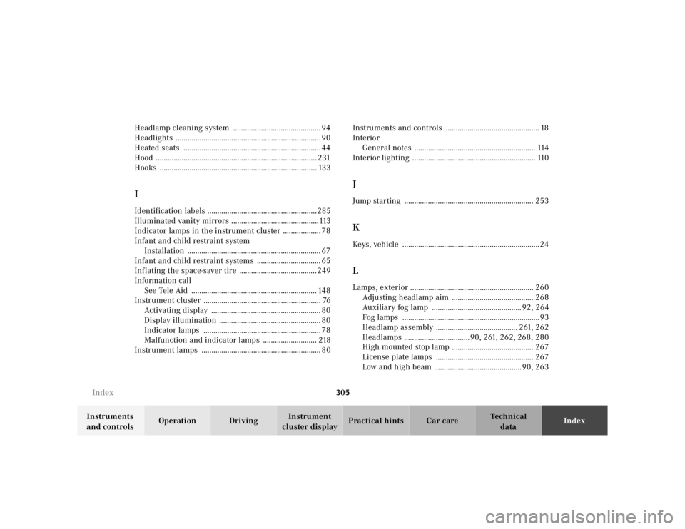 MERCEDES-BENZ ML430 1997  Complete Repair Manual 305 
Index
Te ch n ica l 
data 
Instruments  
and controls  Operation Driving 
Instrument  
cluster display  Practical hints Car care 
Index 
Headlamp cleaning system  ................................