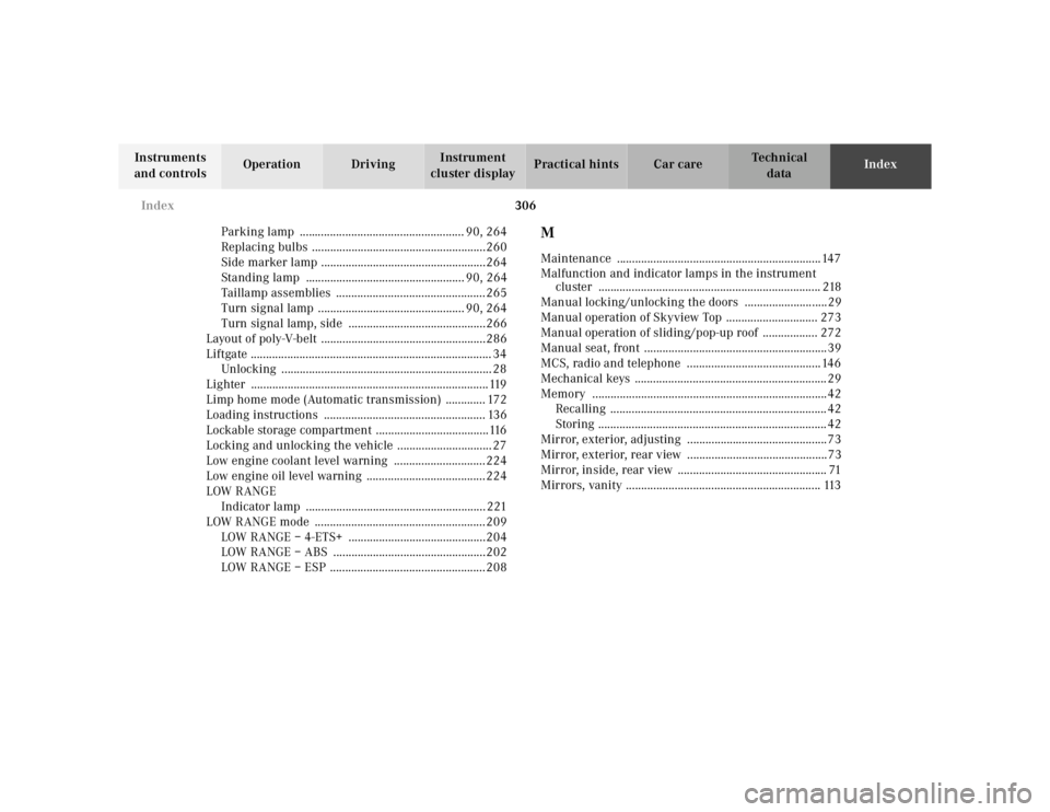 MERCEDES-BENZ ML430 1997  Complete Repair Manual 306 
Index
Te ch n ica l 
data 
Instruments  
and controls  Operation Driving 
Instrument  
cluster display  Practical hints Car care 
Index 
Parking lamp  ............................................