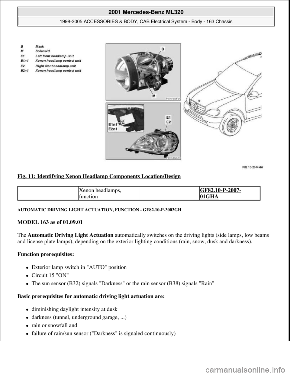 MERCEDES-BENZ ML500 1997 Complete Repair Manual Fig. 11: Identifying Xenon Headlamp Components Location/Design
AUTOMATIC DRIVING LIGHT ACTUATION, FUNCTION - GF82.10-P-3003GH
MODEL 163 as of 01.09.01
The Automatic Driving Light Actuation automat MERCEDES-BENZ ML500 1997 Complete Repair Manual Fig. 11: Identifying Xenon Headlamp Components Location/Design
AUTOMATIC DRIVING LIGHT ACTUATION, FUNCTION - GF82.10-P-3003GH
MODEL 163 as of 01.09.01
The Automatic Driving Light Actuation automat