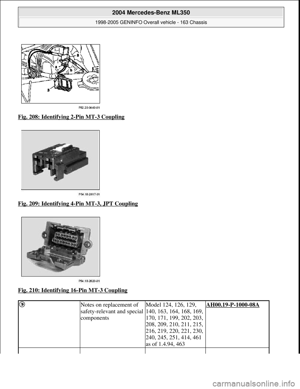 MERCEDES-BENZ ML500 1997  Complete Repair Manual Fig. 208: Identifying 2-Pin MT-3 Coupling  
Fig. 209: Identifying 4
-Pin MT-3, JPT Coupling 
Fig. 210: Identifying 16
-Pin MT-3 Coupling 
 Notes on replacement of  
safety-relevant and special  
compo