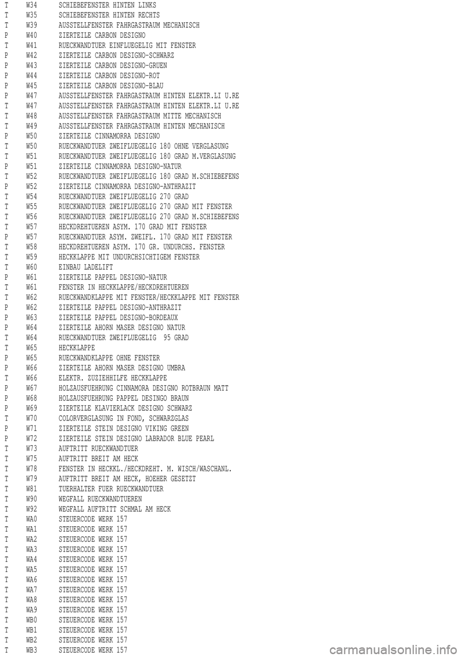 MERCEDES-BENZ ML500 1997  Complete Repair Manual T W34 SCHIEBEFENSTER HINTEN LINKS
T W35 SCHIEBEFENSTER HINTEN RECHTS
T W39 AUSSTELLFENSTER FAHRGASTRAUM MECHANISCH
P W40 ZIERTEILE CARBON DESIGNO
T W41 RUECKWANDTUER EINFLUEGELIG MIT FENSTER
P W42 ZIE