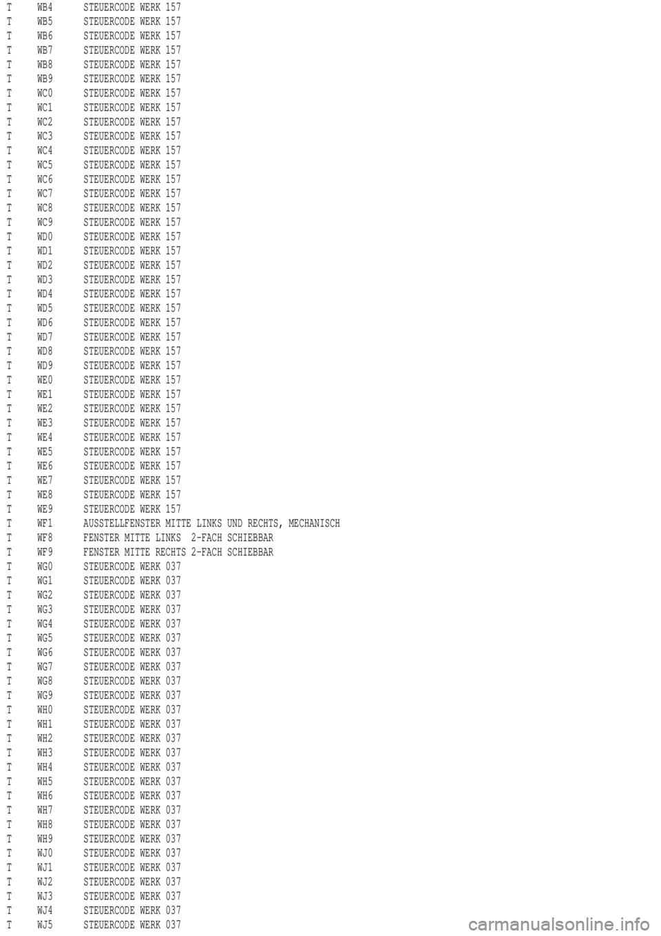 MERCEDES-BENZ ML500 1997  Complete Repair Manual T WB4 STEUERCODE WERK 157
T WB5 STEUERCODE WERK 157
T WB6 STEUERCODE WERK 157
T WB7 STEUERCODE WERK 157
T WB8 STEUERCODE WERK 157
T WB9 STEUERCODE WERK 157
T WC0 STEUERCODE WERK 157
T WC1 STEUERCODE W