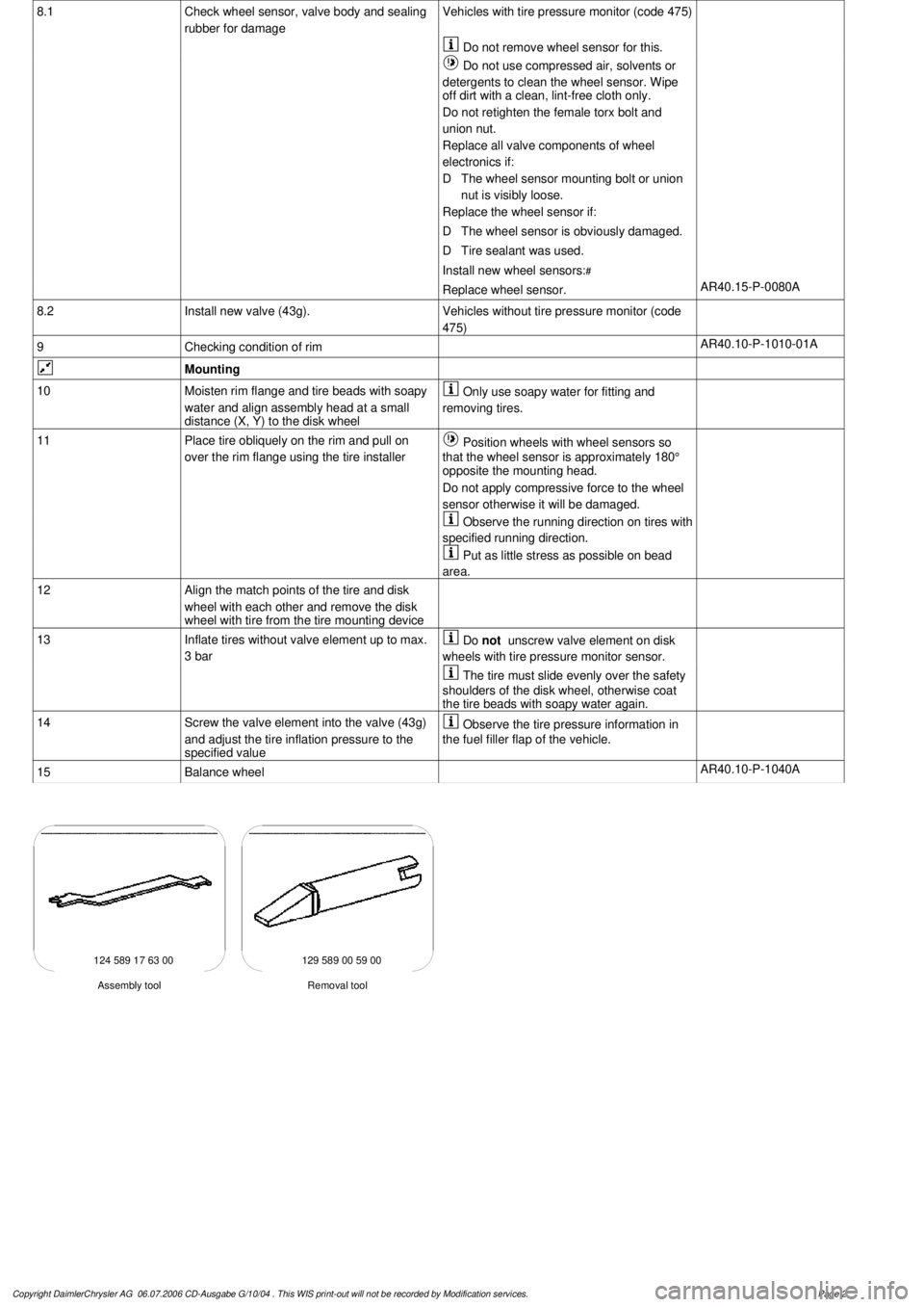 MERCEDES-BENZ ML500 1997  Complete Repair Manual 
 8.1
Check wheel sensor, valve body and sealing 

rubber for damage
Vehicles with tire pressure monitor (code 475)

 Do not remove wheel sensor for this.
  
 
Do not use compressed air, solvents or 
