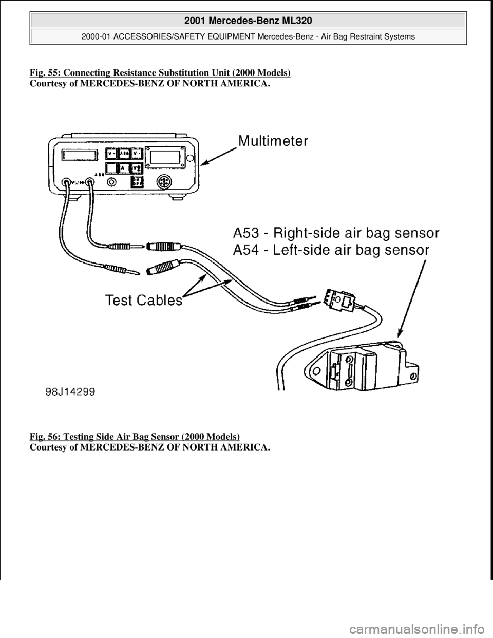 MERCEDES-BENZ ML500 1997  Complete Owners Manual Fig. 55: Connecting Resistance Substituti on Unit (2000 Models)
Courtesy of MERCEDES-BENZ OF NORTH AMERICA.   
Fig. 56: Testing Side Air   Bag Sensor (2000 Models)
  
Courtesy of MERCEDES-BENZ OF NORT