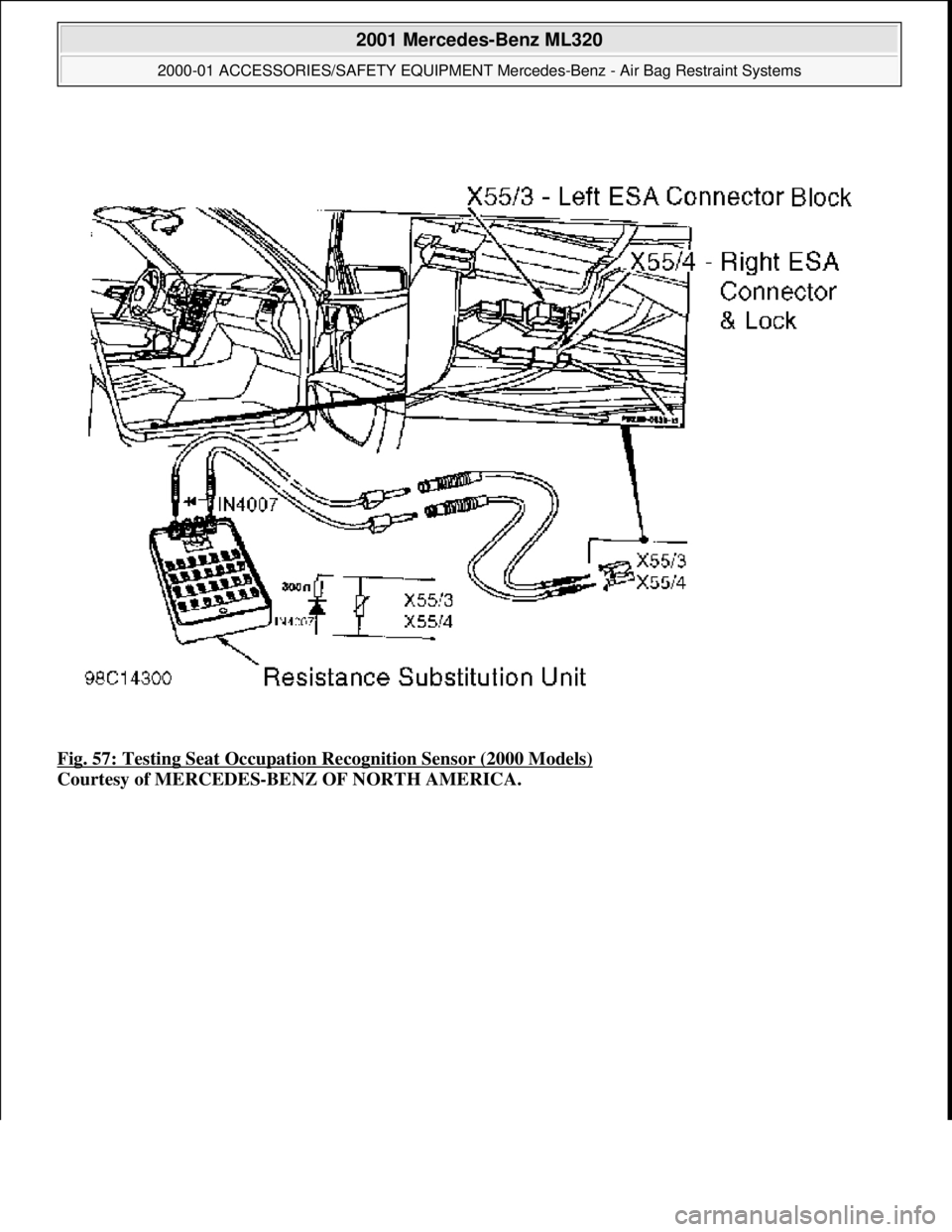 MERCEDES-BENZ ML500 1997  Complete Owners Manual Fig. 57: Testing Seat Occupation  Recognition Sensor (2000 Models)  
Courtesy of MERCEDES-BENZ OF NORTH AMERICA.
 
2001 Mercedes-Benz ML320 
2000-01 ACCESSORIES/SAFETY EQUIPMENT Merc  edes-Benz - Air 