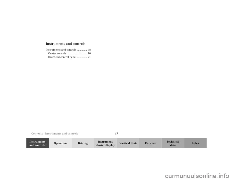 MERCEDES-BENZ ML500 1997  Complete Manual PDF 17 Contents - Instruments and controls
Te ch n ica l
data Instruments 
and controlsOperation DrivingInstrument 
cluster displayPractical hints Car care Index
Instruments and controlsInstruments and co