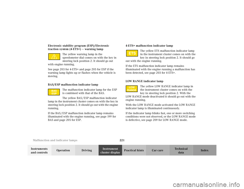 MERCEDES-BENZ ML500 1997  Complete Repair Manual 221 
Malfunction and indicator lamps
Te ch n ica l 
data 
Instruments  
and controls  Operation Driving 
Instrument  
cluster display  Practical hints Car care Index 
Electronic stability program (ESP