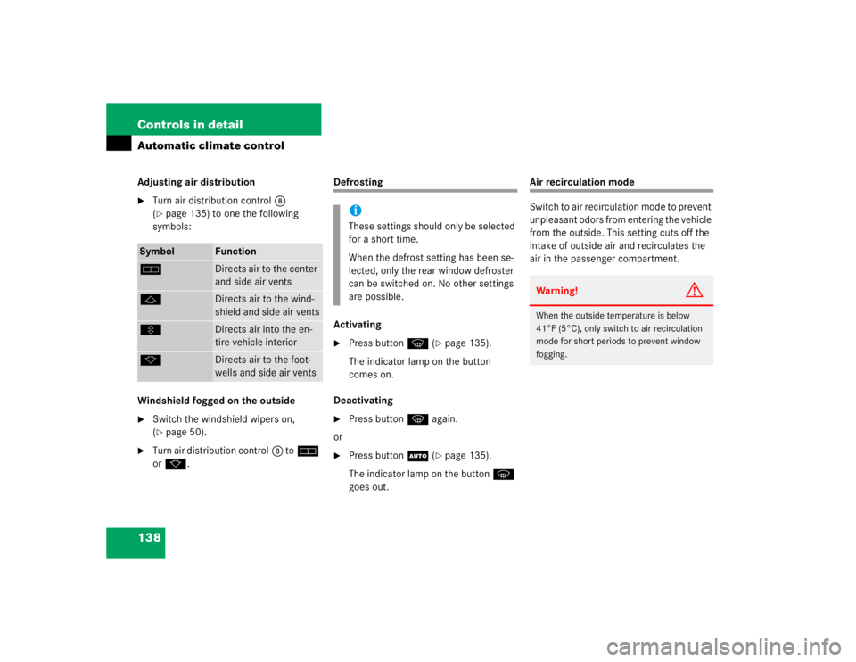 MERCEDES-BENZ ML500 1997  Complete Repair Manual 138 Controls in detailAutomatic climate controlAdjusting air distribution
Turn air distribution control8 
(page 135) to one the following 
symbols:
Windshield fogged on the outside

Switch the wind