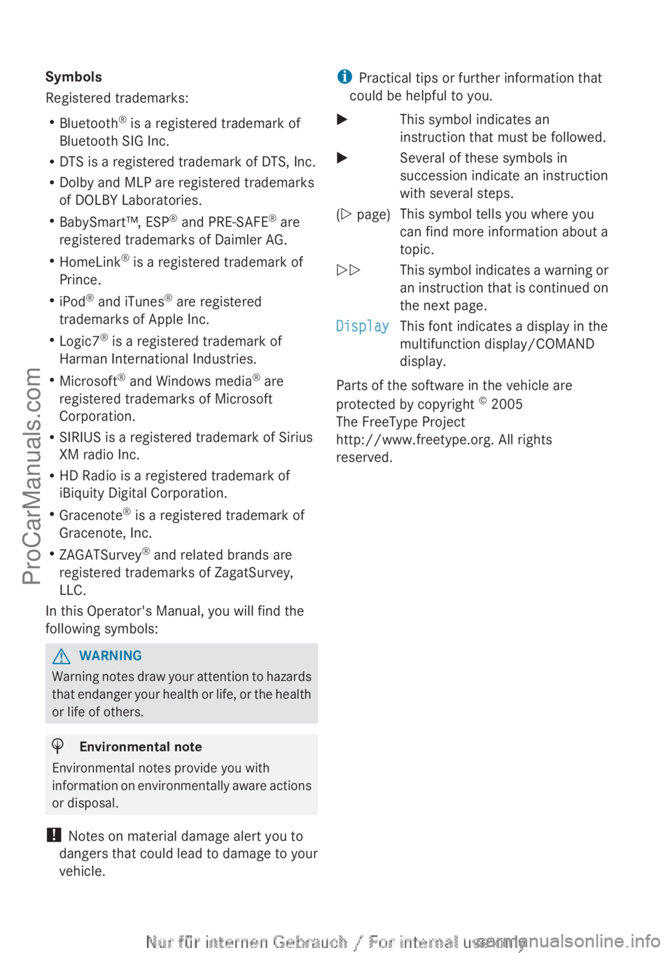 MERCEDES-BENZ B-CLASS 2012  Owners Manual Symbols
Registered trademarks:
R
Bluetooth ®
 is a registered trademark of
Bluetooth SIG Inc.
R DTS is a registered trademark of DTS, Inc.
R Dolby and MLP are registered trademarks
of DOLBY Laborator