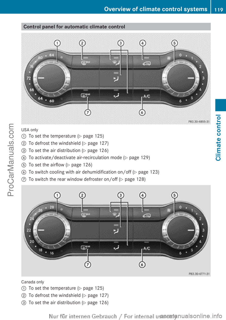 MERCEDES-BENZ B-CLASS 2012 Owners Manual Control panel for automatic climate control
USA only
:
To set the temperature (Y page 125)
; To defrost the windshield (Y page 127)
= To set the air distribution ( Y page 126)
? To activate/deactivate MERCEDES-BENZ B-CLASS 2012 Owners Manual Control panel for automatic climate control
USA only
:
To set the temperature (Y page 125)
; To defrost the windshield (Y page 127)
= To set the air distribution ( Y page 126)
? To activate/deactivate