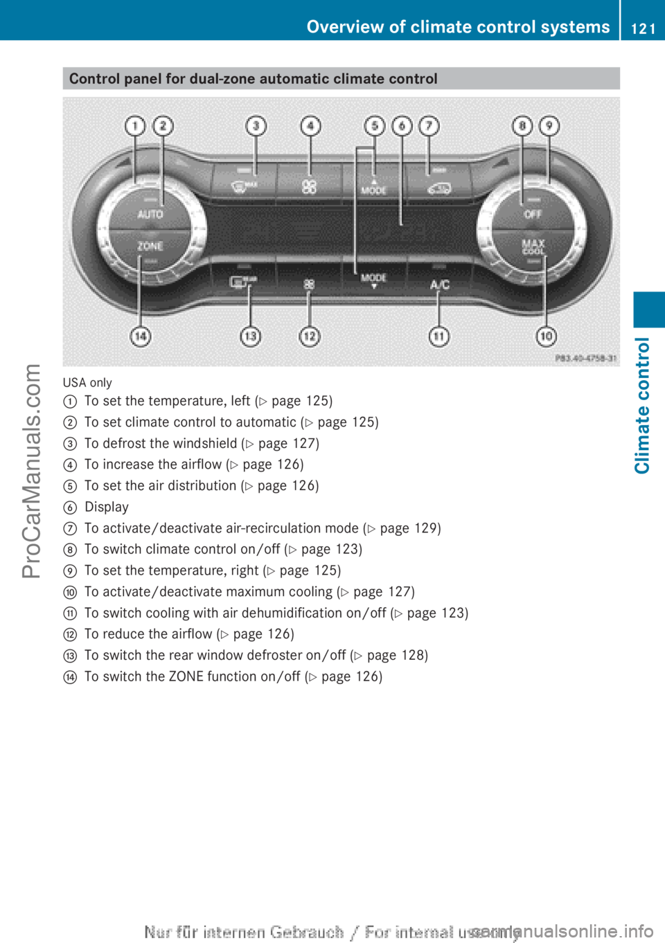 MERCEDES-BENZ B-CLASS 2012 Owners Manual Control panel for dual-zone automatic climate control
USA only
:
To set the temperature, left (Y page 125)
; To set climate control to automatic ( Y page 125)
= To defrost the windshield (Y page 127)
MERCEDES-BENZ B-CLASS 2012 Owners Manual Control panel for dual-zone automatic climate control
USA only
:
To set the temperature, left (Y page 125)
; To set climate control to automatic ( Y page 125)
= To defrost the windshield (Y page 127)