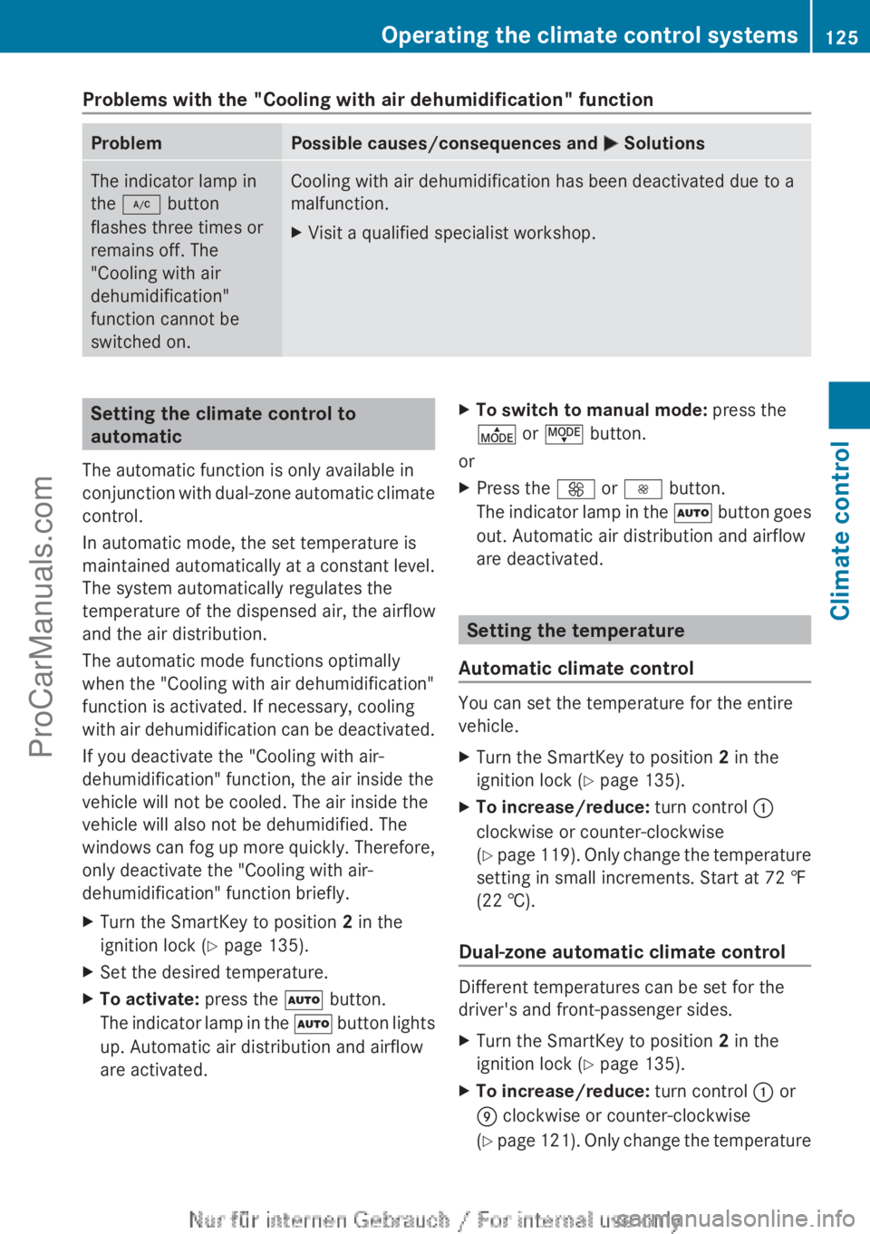 MERCEDES-BENZ B-CLASS 2012 Owners Manual Problems with the "Cooling with air dehumidification" function
Problem Possible causes/consequences and
M SolutionsThe indicator lamp in
the ¿ button
flashes three times or
remains off. The
MERCEDES-BENZ B-CLASS 2012 Owners Manual Problems with the "Cooling with air dehumidification" function
Problem Possible causes/consequences and
M SolutionsThe indicator lamp in
the ¿ button
flashes three times or
remains off. The
