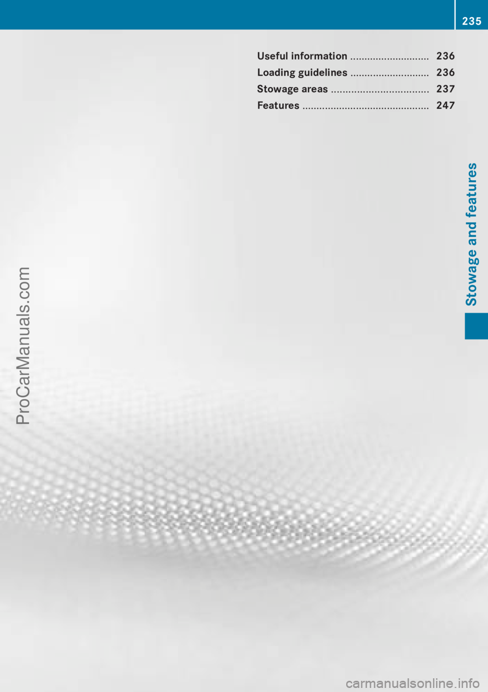 MERCEDES-BENZ B-CLASS 2012 Owners Manual Useful information ............................
236
Loading guidelines ............................236
Stowage areas .................................. 237
Features .................................. MERCEDES-BENZ B-CLASS 2012 Owners Manual Useful information ............................
236
Loading guidelines ............................236
Stowage areas .................................. 237
Features ..................................