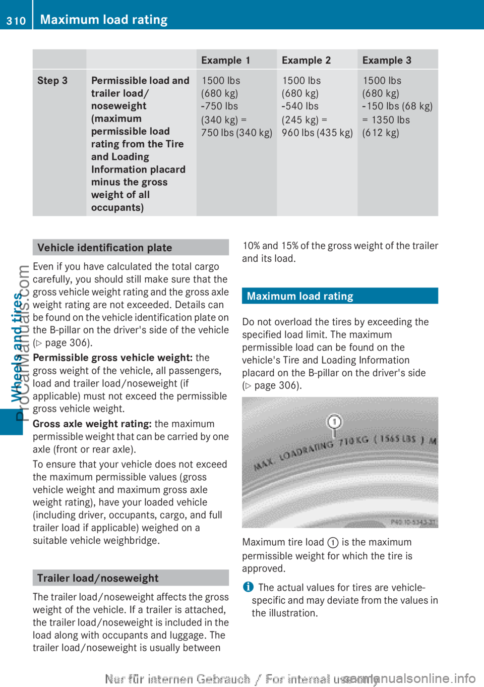 MERCEDES-BENZ B-CLASS 2012  Owners Manual Example 1 Example 2 Example 3
Step 3 Permissible load and 
trailer load/
noseweight 
(maximum 
permissible load 
rating from the Tire 
and Loading 
Information placard 
minus the gross 
weight of all 