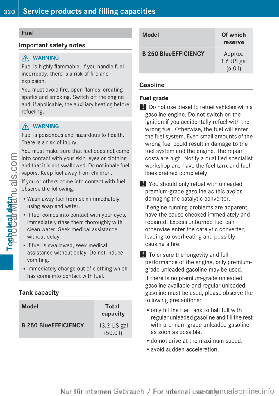 MERCEDES-BENZ B-CLASS 2012 Owners Manual Fuel
Important safety notes G
WARNING
Fuel is highly flammable. If you handle fuel
incorrectly, there is a risk of fire and
explosion.
You must avoid fire, open flames, creating
sparks and smoking. Sw MERCEDES-BENZ B-CLASS 2012 Owners Manual Fuel
Important safety notes G
WARNING
Fuel is highly flammable. If you handle fuel
incorrectly, there is a risk of fire and
explosion.
You must avoid fire, open flames, creating
sparks and smoking. Sw