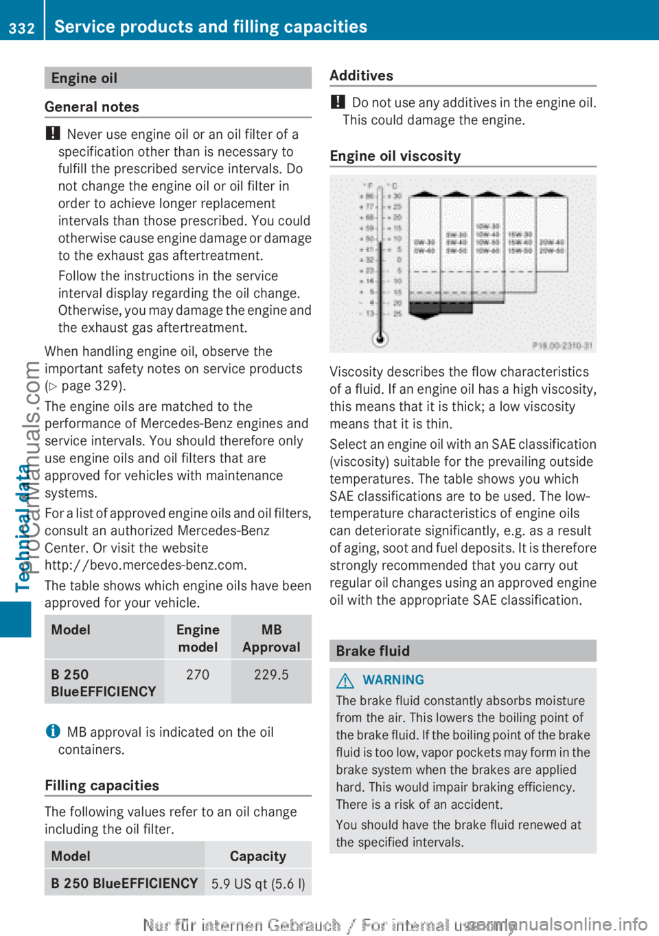 MERCEDES-BENZ B-CLASS 2012  Owners Manual Engine oil
General notes ! 
Never use engine oil or an oil filter of a
specification other than is necessary to
fulfill the prescribed service intervals. Do
not change the engine oil or oil filter in
