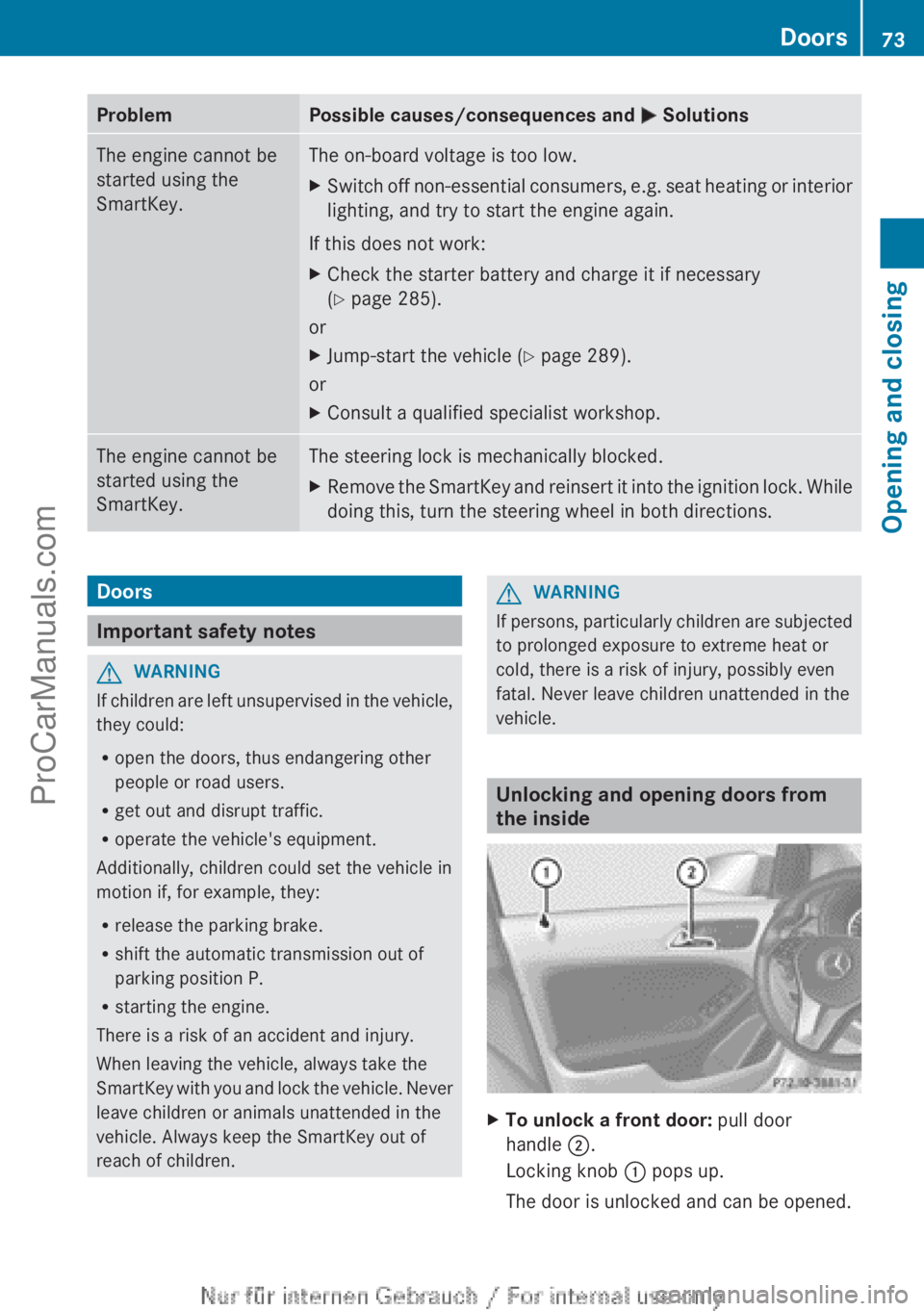 MERCEDES-BENZ B-CLASS 2012 Manual PDF Problem Possible causes/consequences and
M SolutionsThe engine cannot be
started using the
SmartKey. The on-board voltage is too low.
X
Switch off non-essential consumers, e.g. seat heating or interi MERCEDES-BENZ B-CLASS 2012 Manual PDF Problem Possible causes/consequences and
M SolutionsThe engine cannot be
started using the
SmartKey. The on-board voltage is too low.
X
Switch off non-essential consumers, e.g. seat heating or interi