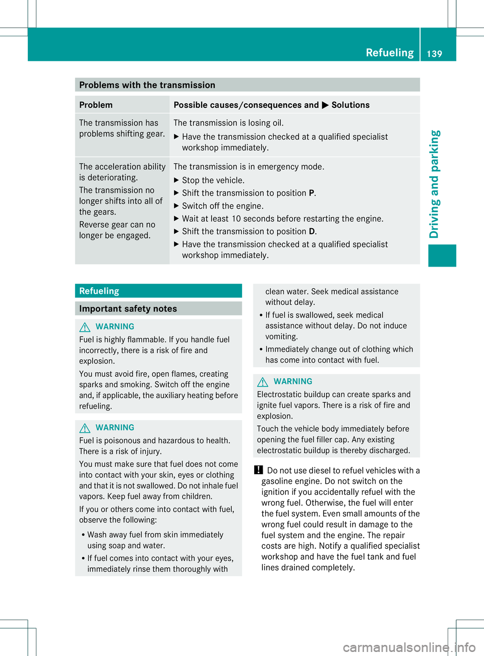 MERCEDES-BENZ B-CLASS SPORTS 2013 Owners Manual Problems with the transmission
Problem Possible causes/consequences and
M Solutions
The transmission has
problems shifting gear. The transmission is losing oil.
X
Have the transmission checked at a qu MERCEDES-BENZ B-CLASS SPORTS 2013 Owners Manual Problems with the transmission
Problem Possible causes/consequences and
M Solutions
The transmission has
problems shifting gear. The transmission is losing oil.
X
Have the transmission checked at a qu