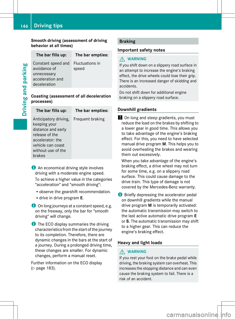 MERCEDES-BENZ B-CLASS SPORTS 2013 Owners Manual Smooth driving (assessment of driving
behavior at all times)
The bar fills up: The bar empties:
Constant speed and
avoidance of
unnecessary
acceleration and
deceleration Fluctuations in
speed
Coasting MERCEDES-BENZ B-CLASS SPORTS 2013 Owners Manual Smooth driving (assessment of driving
behavior at all times)
The bar fills up: The bar empties:
Constant speed and
avoidance of
unnecessary
acceleration and
deceleration Fluctuations in
speed
Coasting