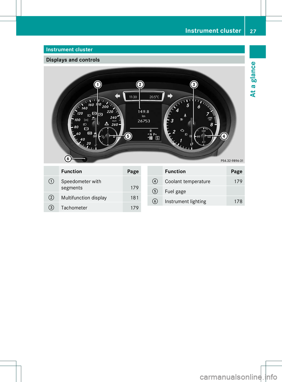 MERCEDES-BENZ B-CLASS SPORTS 2013 Owners Manual Instrumen
tcluster Displays and controls
Function Page
:
Speedometer with
segments
179
;
Multifunction display 181
=
Tachometer
179 Function Page
?
Coolant temperature 179
A
Fuel gage
B
Instrument lig MERCEDES-BENZ B-CLASS SPORTS 2013 Owners Manual Instrumen
tcluster Displays and controls
Function Page
:
Speedometer with
segments
179
;
Multifunction display 181
=
Tachometer
179 Function Page
?
Coolant temperature 179
A
Fuel gage
B
Instrument lig