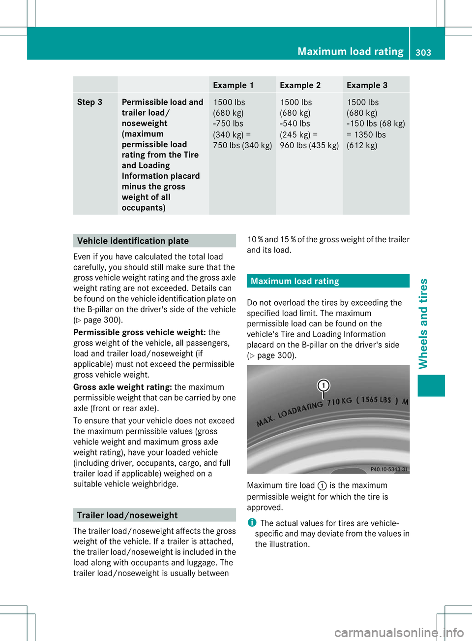 MERCEDES-BENZ B-CLASS SPORTS 2013 Owners Manual Example 1 Example 2 Example 3
Step 3 Permissible load and
trailer load/
noseweight
(maximum
permissible load
rating from the Tire
and Loading
Information placard
minus the gross
weight of all
occupant MERCEDES-BENZ B-CLASS SPORTS 2013 Owners Manual Example 1 Example 2 Example 3
Step 3 Permissible load and
trailer load/
noseweight
(maximum
permissible load
rating from the Tire
and Loading
Information placard
minus the gross
weight of all
occupant