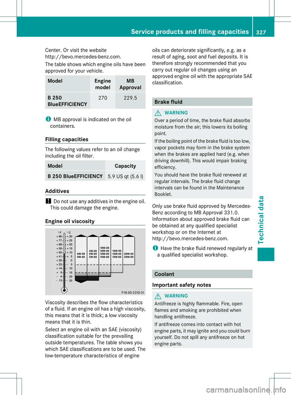 MERCEDES-BENZ B-CLASS SPORTS 2013 Owners Manual Center. Or visit the website
http://bevo.mercedes-benz.co
m.
The table shows which engine oils have been
approved for your vehicle. Model Engine
model MB
Approval B2
50
BlueEFFICIENCY 270 229.5
i
MB a MERCEDES-BENZ B-CLASS SPORTS 2013 Owners Manual Center. Or visit the website
http://bevo.mercedes-benz.co
m.
The table shows which engine oils have been
approved for your vehicle. Model Engine
model MB
Approval B2
50
BlueEFFICIENCY 270 229.5
i
MB a