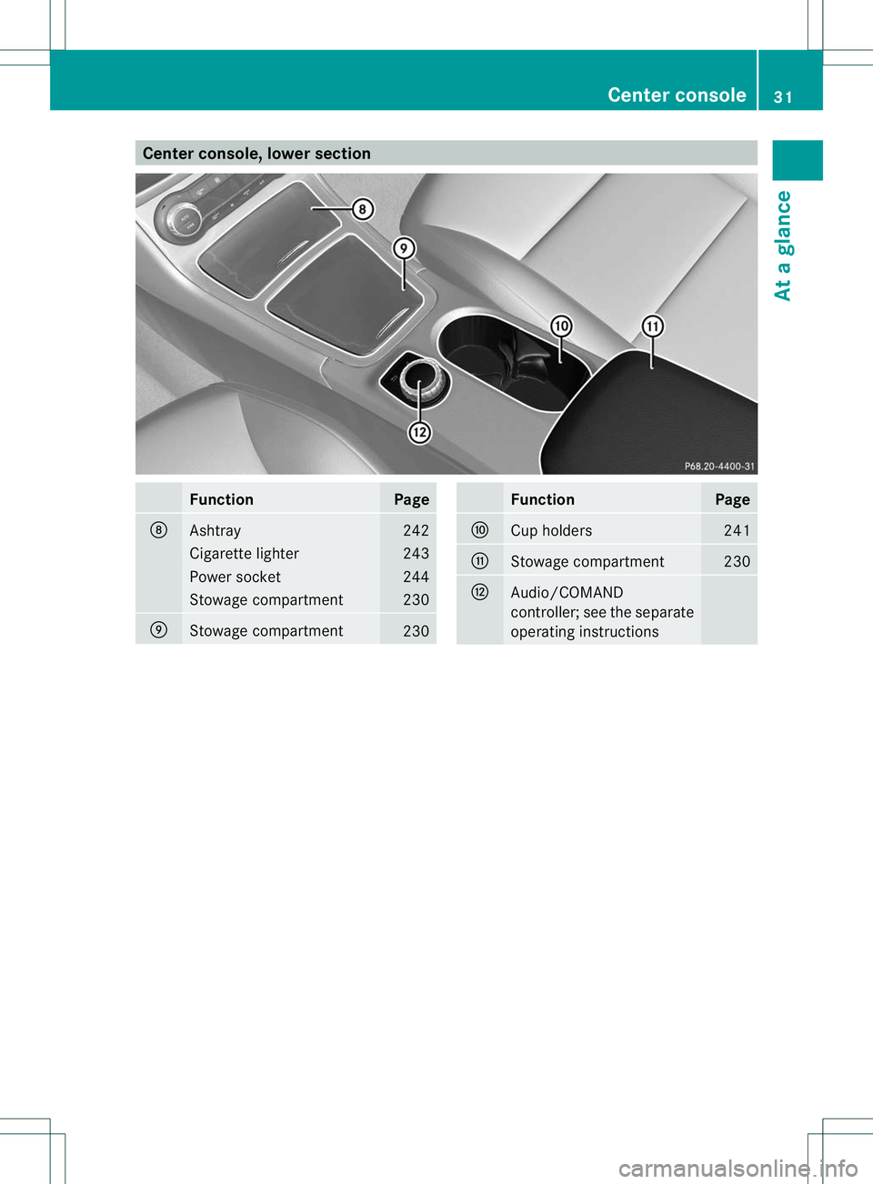 MERCEDES-BENZ B-CLASS SPORTS 2013 Owners Guide Center console, lower section
Function Page
D
Ashtray 242
Cigarette lighter 243
Power socket 244
Stowage compartment 230
E
Stowage compartment
230 Function Page
F
Cup holders 241
G
Stowage compartment