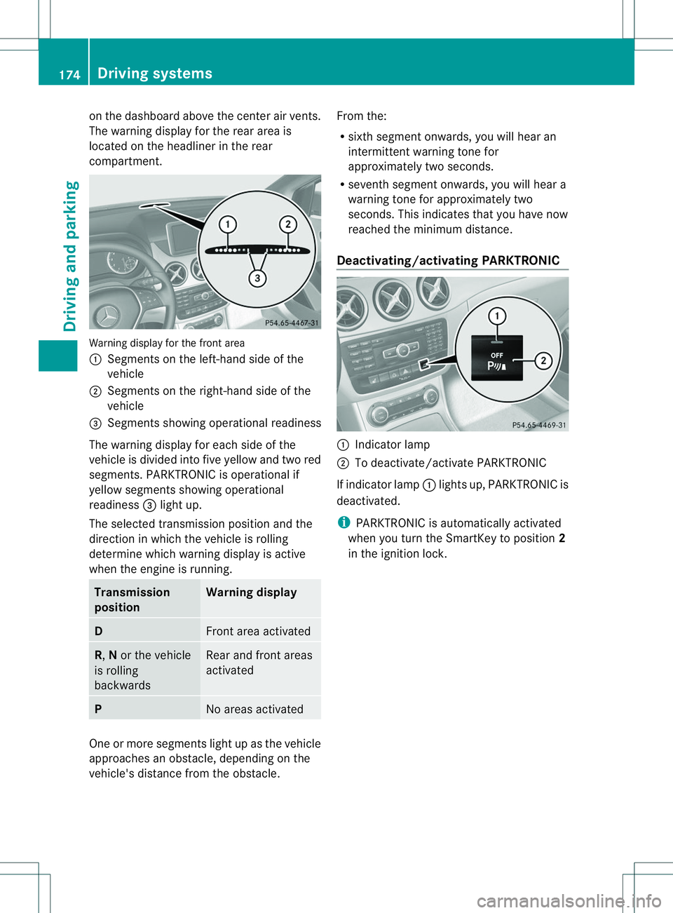 MERCEDES-BENZ B-CLASS SPORTS 2014  Owners Manual on the dashboard above the center air vents.
The warning display for the rear area is
located on the headliner in the rear
compartment. Warning display for the front area
001A
Segments on the left-han