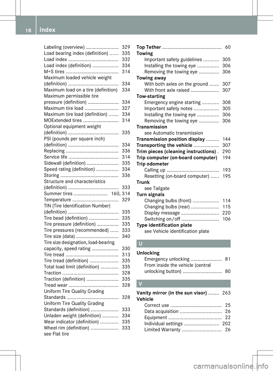 MERCEDES-BENZ B-CLASS SPORTS 2014 User Guide Labeling (overview)
........................329
Load bearing index (definition) ......335
Load index ..................................... 332
Load index (definition) ...................334
M+S tires MERCEDES-BENZ B-CLASS SPORTS 2014 User Guide Labeling (overview)
........................329
Load bearing index (definition) ......335
Load index ..................................... 332
Load index (definition) ...................334
M+S tires