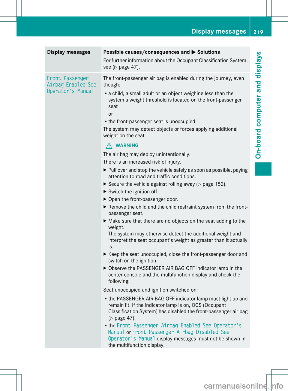 MERCEDES-BENZ B-CLASS SPORTS 2014  Owners Manual Display messages Possible causes/consequences and
000B Solutions
Fo
rfurther information about th eOccupant Classification System,
see (Y page 47). Front Passenger
Airbag Enabled See
Operator'
sMa