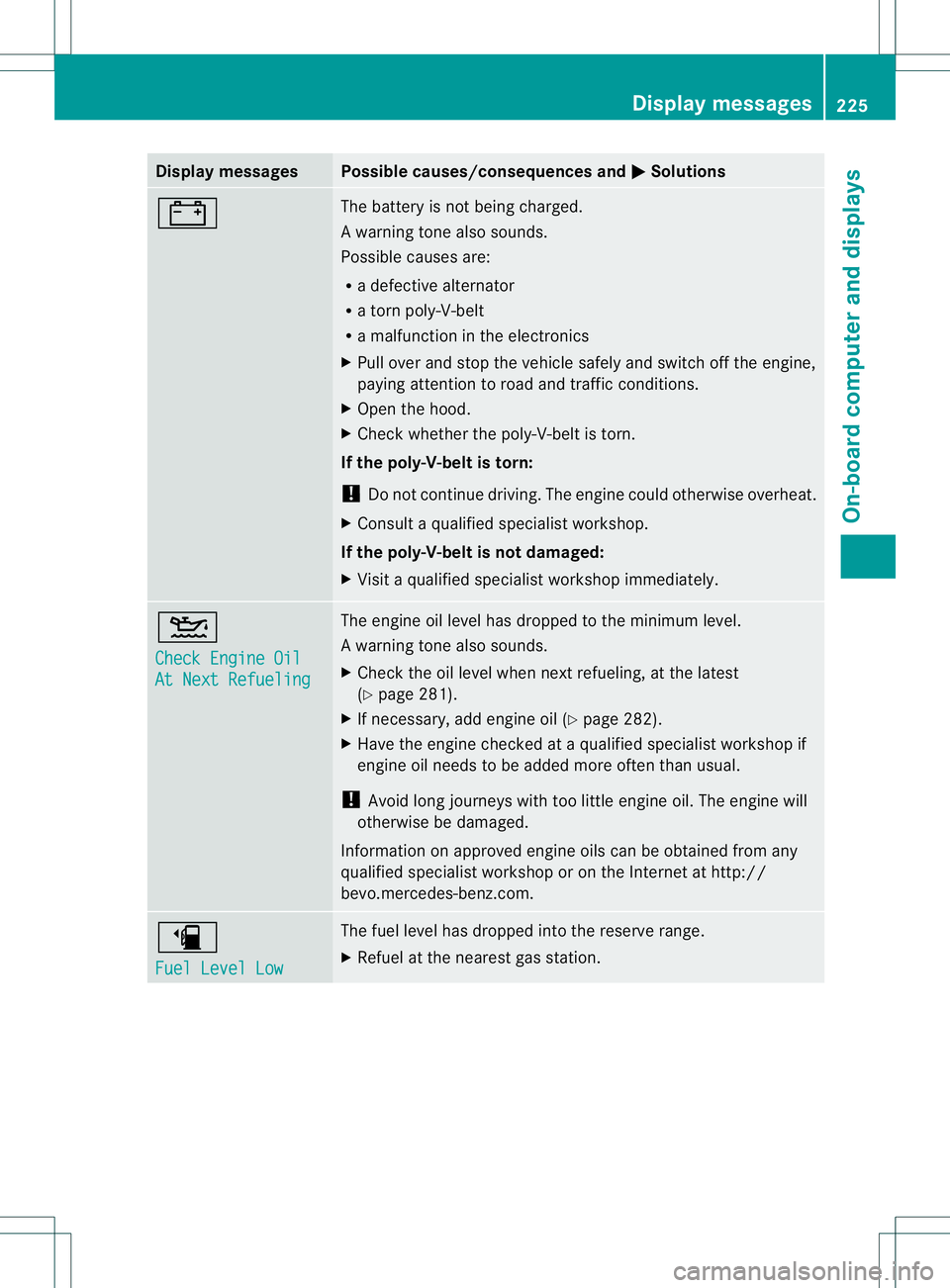 MERCEDES-BENZ B-CLASS SPORTS 2014  Owners Manual Display messages Possible causes/consequences and
000B Solutions
0012 The battery is no
tbeing charged.
Aw arning tone also sounds.
Possible causes are:
R ad efective alternator
R at ornp oly-V-belt
R