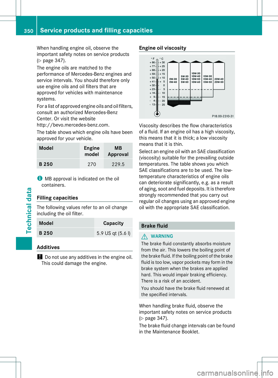 MERCEDES-BENZ B-CLASS SPORTS 2014 Owners Manual When handling engine oil, observe the
important safety notes on service products
(Y page 347).
The engine oils are matched to the
performance of Mercedes-Benz engines and
service intervals. You should MERCEDES-BENZ B-CLASS SPORTS 2014 Owners Manual When handling engine oil, observe the
important safety notes on service products
(Y page 347).
The engine oils are matched to the
performance of Mercedes-Benz engines and
service intervals. You should