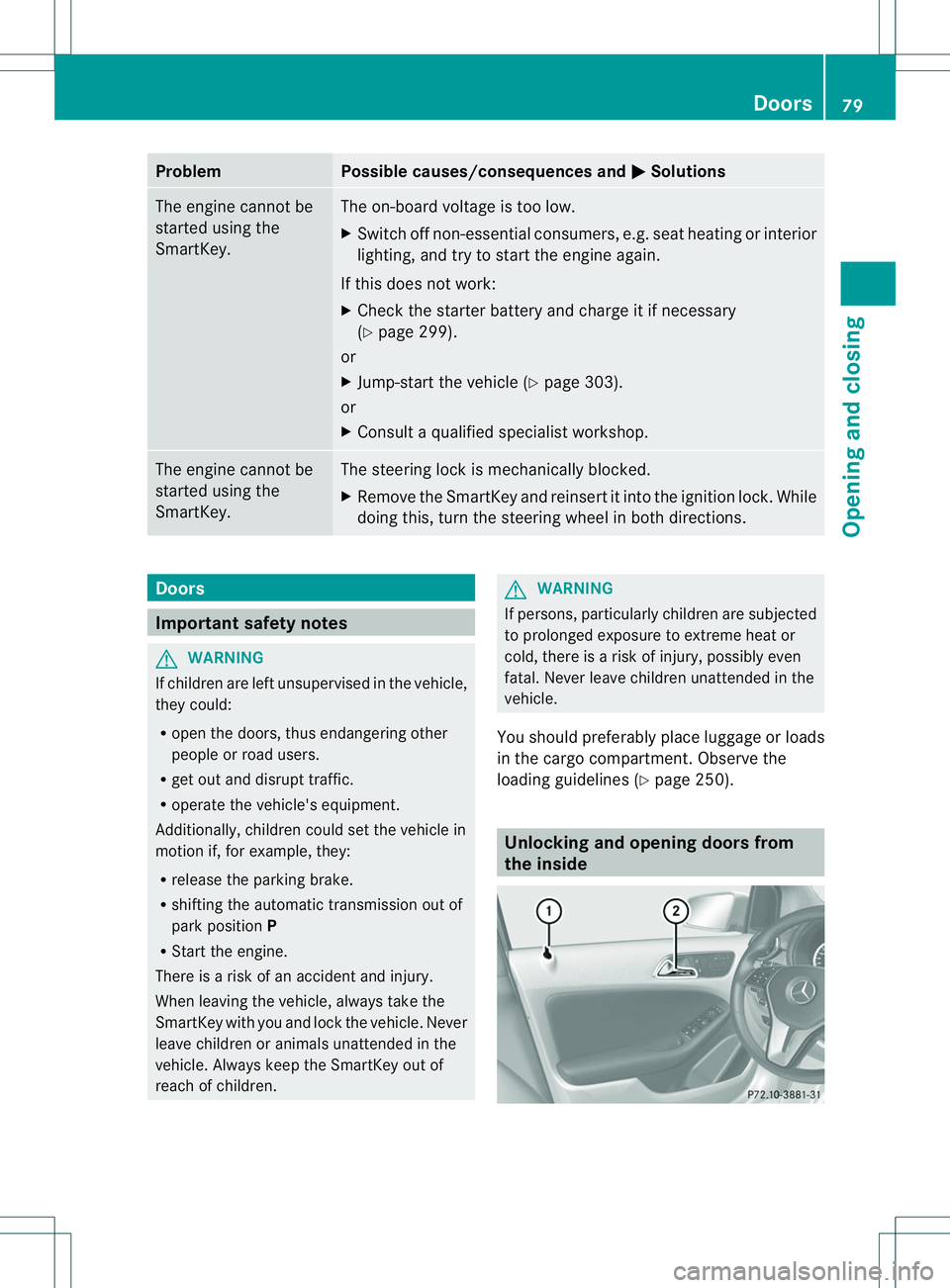MERCEDES-BENZ B-CLASS SPORTS 2014 Manual Online Problem Possible causes/consequences and
000B Solutions
The engine cannot be
started using the
SmartKey. The on-board voltage is too low.
X
Switch off non-essential consumers, e.g. seat heating or int MERCEDES-BENZ B-CLASS SPORTS 2014 Manual Online Problem Possible causes/consequences and
000B Solutions
The engine cannot be
started using the
SmartKey. The on-board voltage is too low.
X
Switch off non-essential consumers, e.g. seat heating or int