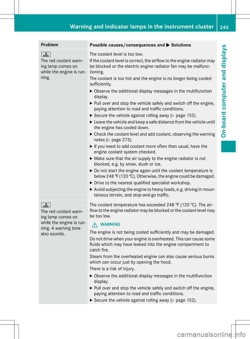 MERCEDES-BENZ B-CLASS SPORTS 2015 Owners Manual ProblemPossible causes/consequences andMSolutions
?
The red coolant warn-
ing lamp comes on
while the engine is run-ning.The coolant level is too low.
If the coolant level is correct, the airflow t MERCEDES-BENZ B-CLASS SPORTS 2015 Owners Manual ProblemPossible causes/consequences andMSolutions
?
The red coolant warn-
ing lamp comes on
while the engine is run-ning.The coolant level is too low.
If the coolant level is correct, the airflow t