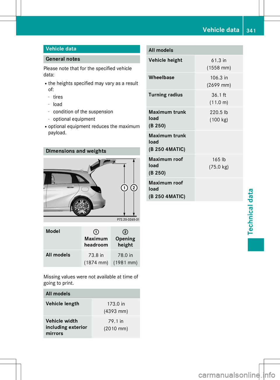MERCEDES-BENZ B-CLASS SPORTS 2015  Owners Manual Vehicle data
General notes
Please note that for the specified vehicle 
data:R the heights specified may vary as a resultof:
- tires
- load
- condition of the suspension
- optional equipment
R optional