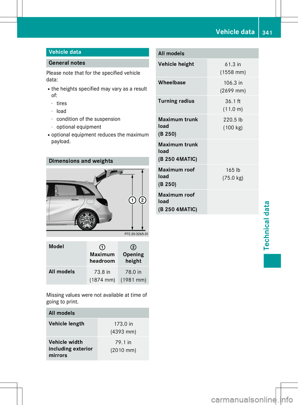 MERCEDES-BENZ B-CLASS SPORTS 2015 Owners Manual Vehicle data
General notes
Please note that for the specified vehicle
data:R the heights specified may vary as a resultof:
- tires
- load
- condition of the suspension
- optional equipment
R optional MERCEDES-BENZ B-CLASS SPORTS 2015 Owners Manual Vehicle data
General notes
Please note that for the specified vehicle
data:R the heights specified may vary as a resultof:
- tires
- load
- condition of the suspension
- optional equipment
R optional