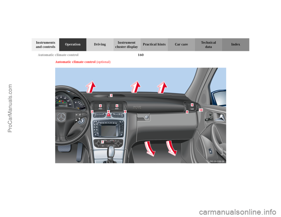 MERCEDES-BENZ C-CLASS 2002 User Guide 160
Automatic climate control
Te ch n i c a l
data
Instruments 
and controls Operation
DrivingInstrument 
cluster display Practical hints Car care Index
Automatic climate control  (optional)
P83.20-21
